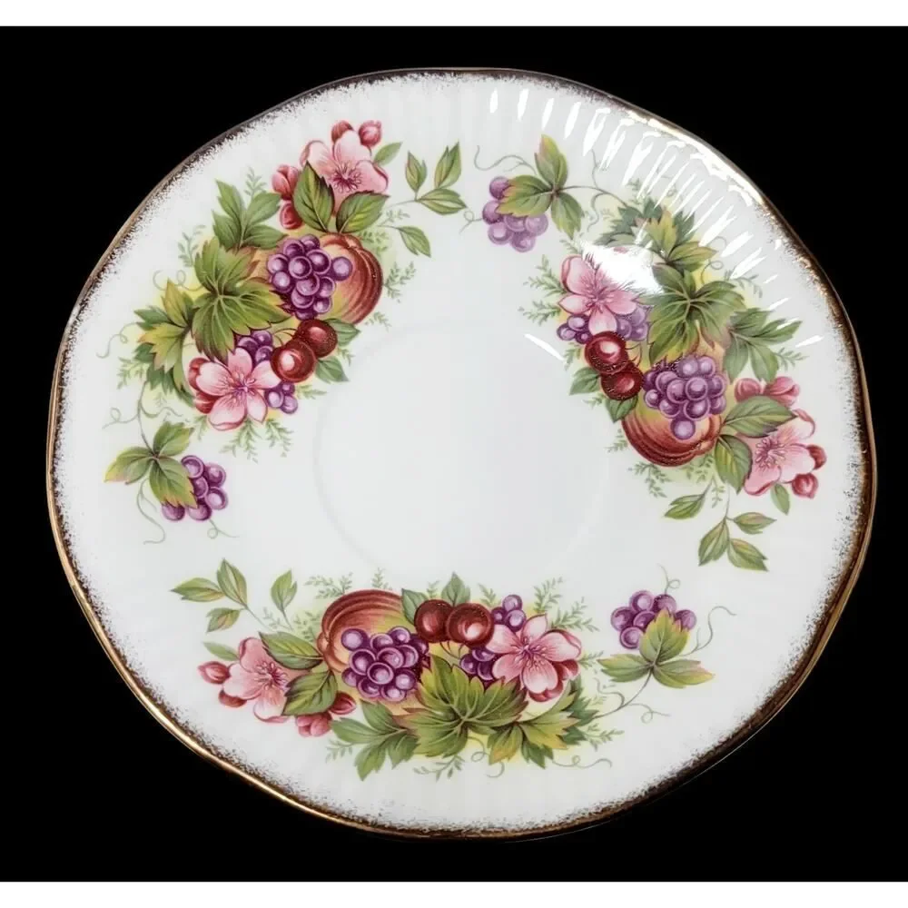 RARE VINTAGE ROYAL MINSTER TEA CUP AND SAUCER FINE BONE CHINA FLOWERS AND FRUITS